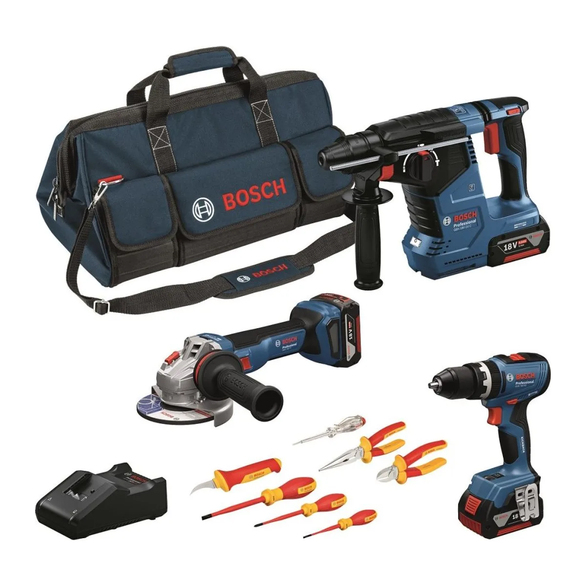 BOSCH GSB 18V-65+GWS 18V-11+GBH 18V-24 C+3XGBA5.0AH+VDE TORNAVİDA VE PENSE SETİ