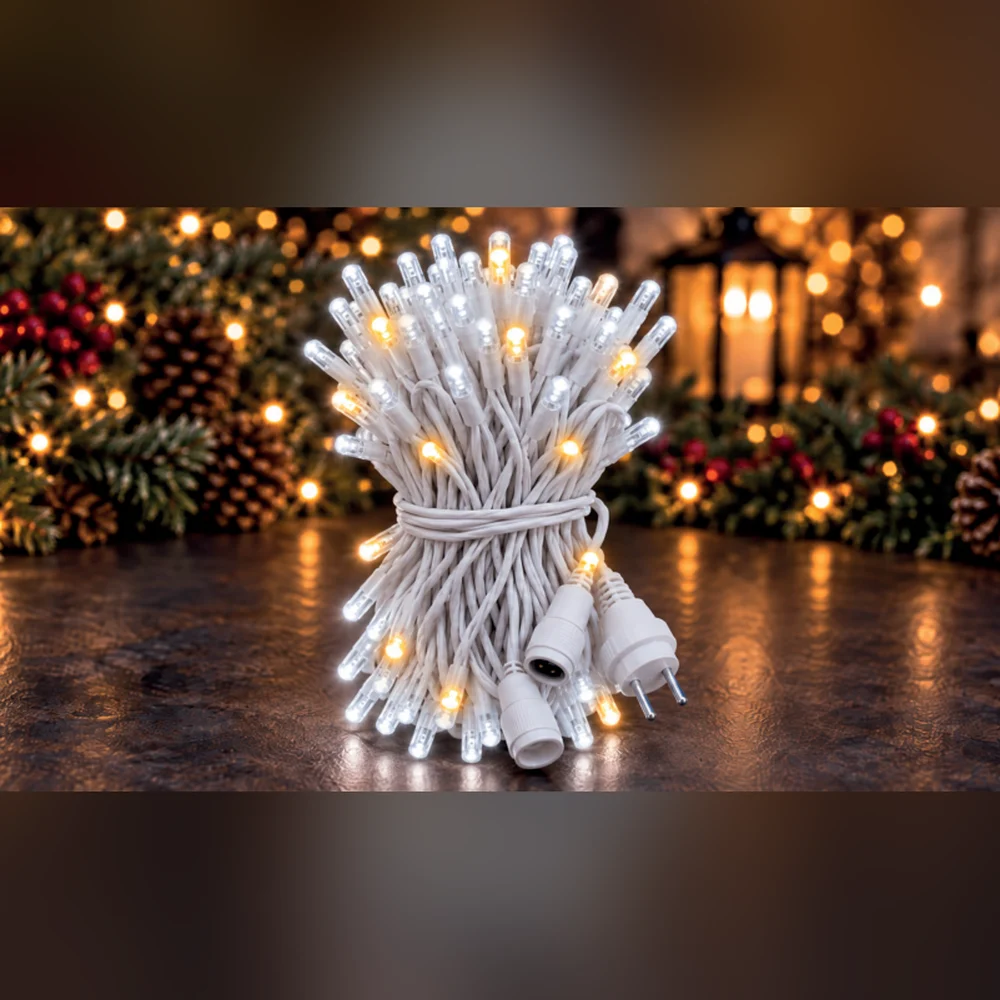 LED String 100 LED 10 m IP65 Çakarlı – Beyaz, Beyaz Kablo