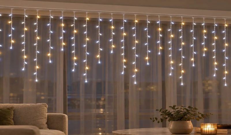 LED Saçak 192 LED 2 × 1 m IP44 Çakarlı – Beyaz, Şeffaf Kablo - Görsel 2