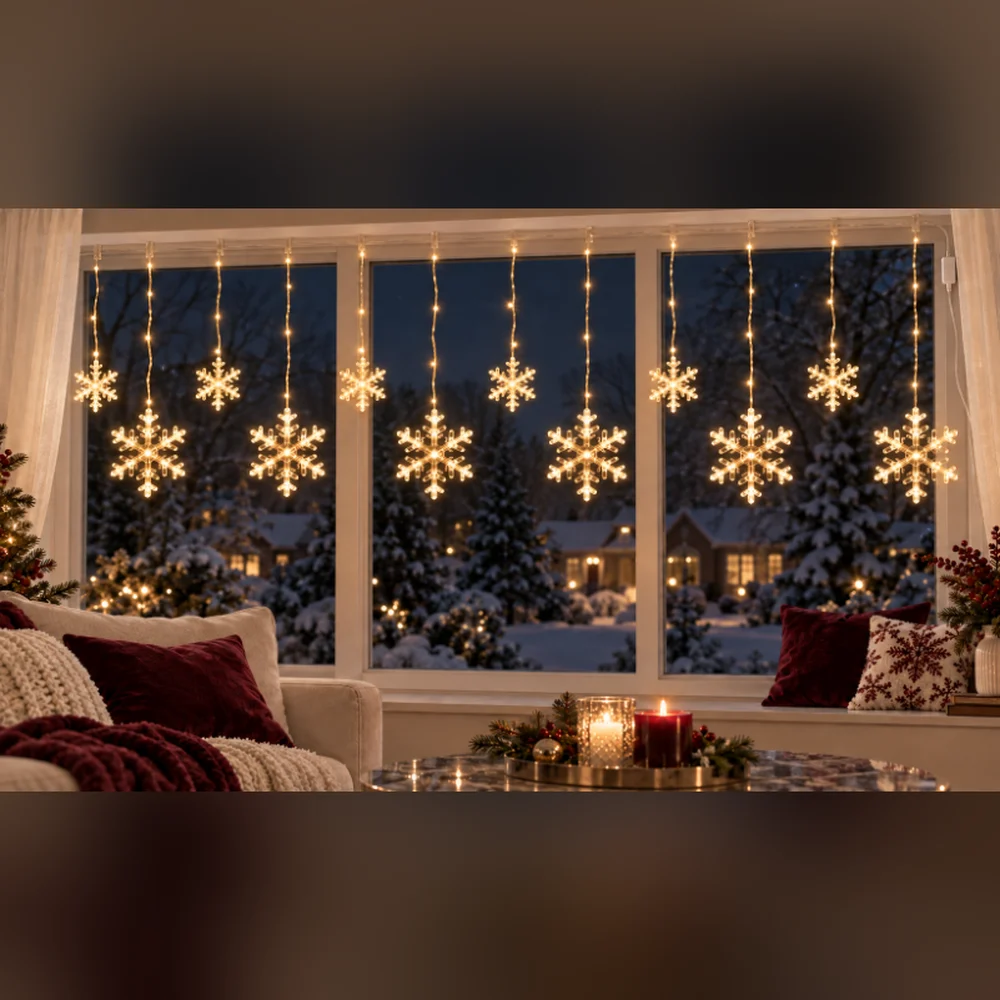 Kar Tanesi Perde 120 LED 3 × 0,5 m IP44 8 Animasyonlu – Gün Işığı, Şeffaf Kablo